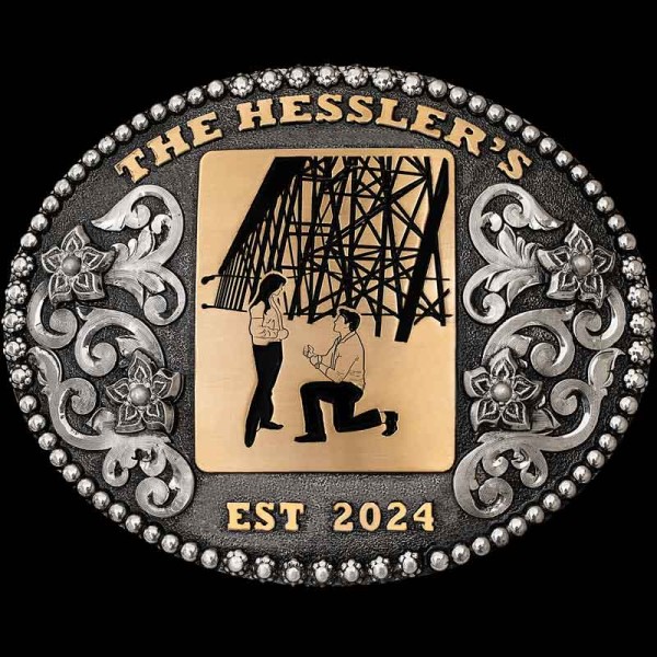 "Celebrate life's best memories with our Southern Pines Custom Belt Buckle. This Buckle is crafted on a German Silver base with a matted finish. Framed with a mixed berry & beaded edge, the German Silver scrolls, flowers and Jeweler's Bronze lett